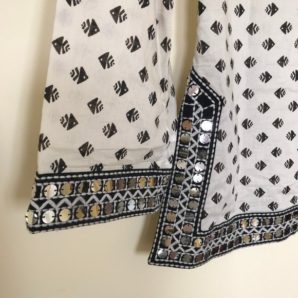 Tory Burch Ivory & Black Fish Print Long Sleeve Tunic Top with Mirror Sequins - Picture 8 of 10
